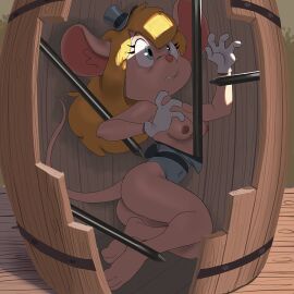 1:1 2022 3_toes 4_fingers alternate_version_at_source anthro areola barrel blonde_hair blue_eyes breasts chip_'n_dale_rescue_rangers clothing digital_media_(artwork) disney exposure_variation eyelashes feet female fingers gadget_hackwrench gloves handwear hat headgear headwear helpless kevinsano long_hair magician mammal mouse murid murine nail nipples peril rodent scared solo tail toes top_hat trapped white_clothing white_gloves white_handwear