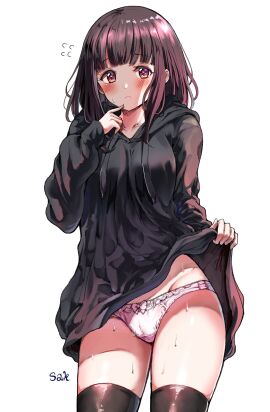2019 absurdres blush borrowed_character brown_eyes brown_hair closed_mouth clothes_lift cowboy_shot female flying_sweatdrops groin hand_up highres hood hood_down hoodie hoodie_lift line_(naver) long_sleeves looking_at_viewer medium_hair menhera_shoujo_kurumi-chan nanase_kurumi_(menhera-chan) original panties pink_panties ribbon-trimmed_panties sak_(lemondisk) sidelocks simple_background sleeves_past_wrists solo sweat thighhighs underwear white_background