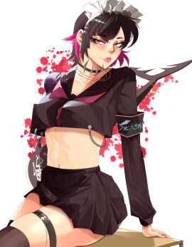 2024 2d 2d_(artwork) amber_eyes arm_support armband bangs black_choker black_clothes black_hair black_legwear black_serafuku black_skirt black_thighhighs breasts brown_eyes chains choker clothing crop_top crop_top_overhang ear_piercing ellen_joe female female_only headdress headwear jewelry jobin_chan legwear light-skinned_female light_skin lips long_sleeves looking_at_viewer maid_headdress medium_breasts midriff mole mole_under_eye multicolored_hair navel neckerchief piercing pink_hair pinup pleated_skirt sailor_collar school_uniform serafuku shirt short_hair sitting skindentation skirt solo solo_female thigh_strap thighhighs two-tone_hair uniform weapon zenless_zone_zero
