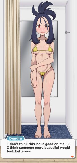 1girls barefoot bikini blush breasts cameltoe creatures_(company) curtains dark_hair dendra_(pokemon) dressing_room english_text female full_body game_freak hi_res kohatsuka light-skinned_female light_skin long_hair looking_at_viewer micro_bikini mirror more_at_source nintendo open_mouth orange_eyes pokemon pokemon_masters pokemon_sv pussy solo standing swimsuit text thigh_gap