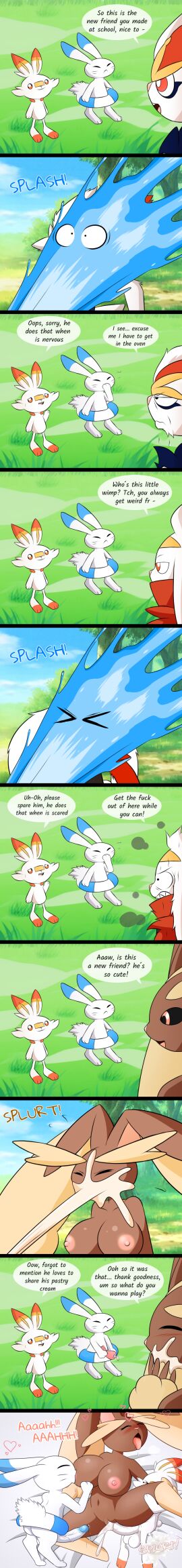 absurd_res age_difference anthro beta_pokemon_(species) beta_pokemon_games big_breasts big_penis breast_play breast_sucking breasts brown_body brown_fur cinderace comic cum cum_in_pussy cum_inside cum_on_face dominant dominant_male female fire_conejo fur generation_4_pokemon generation_8_pokemon genitals group group_sex hi_res humor lagomorph leporid long_ears long_image lopunny male male/female male_penetrating mammal nintendo penetration penis pokemon pokemon_(species) pussy rabbit raboot red_eyes scorbunny sex sucking sucking_nipples tall_image threesome trio warabbit white_body white_fur