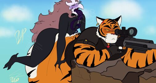 anthro arty_(ascendedarty) ass avian big_butt bird blush corvid duo epic_games felid fortnite from_behind_position gun male male/male mammal oscar_(fortnite) oscine pantherine passerine ranged_weapon sex size_difference small_dom_big_sub striped_body stripes tiger weapon zackdadawg