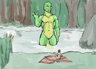 2012 ambiguous_gender anthro bottomwear brown_hair cattails clothing colored duo eye_contact female forest forest_background genitals green_body green_skin guide_lines hair human jeri_kleinlowe looking_at_another macro macro_anthro male mammal micro micro_human nature nature_background navel nude nude_female open_mouth pale_skin partially_submerged plant pussy river rock shocked shorts sitting species_request tree vulva