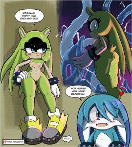 1boy 1girls anthro ass blue_eyes blue_fur blush bracelet breasts completely_nude embarrassed female flustered full_body furry gloves green_fur green_hair heart idw_comics idw_publishing kitsunami_the_fennec looking_back loose_hair male moaning mobian_(species) navel nipples nude nude_female pepamintop pussy sega sex shoes_only sonic_(series) sonic_the_hedgehog_(comics) sonic_the_hedgehog_(idw) sonic_the_hedgehog_(series) speech_bubble standing straight surge_the_tenrec sweat tennis_shoes tenrec tentacle tentacle_sex upright_straddle vagina vaginal_penetration water water_tentacle wavy_mouth