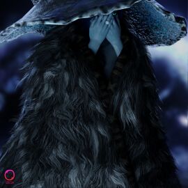 1girls 3d blue_skin cloak cloak_only covering_face elden_ring female female_only fromsoftware ranni_the_witch ring seegh shy wizard_hat