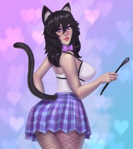 ass bare_arms bare_shoulders bdsm_harness big_breasts black_hair breasts cat_ears cat_girl cat_tail catgirl fat_ass female fishnet_legwear fishnet_stockings fishnets fully_clothed looking_at_viewer looking_back neko nipples_visible_through_clothing nselever plump_lips purple_eyes skirt thatspookynekogirl twitch virtual_youtuber vtuber whip white_shirt