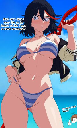 2girls ass_visible_through_thighs bikini black_hair blue_eyes blue_sky blush breasts day kill_la_kill looking_at_viewer mankanshoku_mako matoi_ryuuko multicolored_hair multiple_girls navel red_hair short_hair sky solo_focus standing streaked_hair striped striped_bikini striped_swimsuit swimsuit two-tone_hair underboob