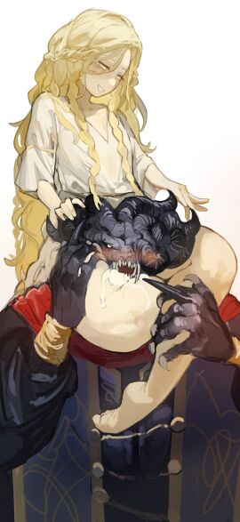 2boys ass big_ass blonde_hair blush brother brothers canon_couple drooling elden_ring feet femboy fromsoftware incest legs_wrapped_around_head male miaojiangyou miquella mohg_lord_of_blood saliva shadow_of_the_erdtree squeezing squeezing_thigh thick_thighs thigh_choking thigh_sex thighs