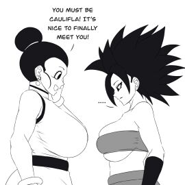 2d 2girls big_breasts breasts caulifla chichi chichi_(majin_buu_saga) darwaarts dragon_ball dragon_ball_super female female_only fully_clothed huge_breasts milf text uncolored