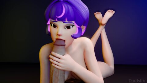 1boy 1girls 3d 3d_(artwork) big_penis blowjob brown_eyes dardstro feet feet_up female holding_penis juno_(overwatch) looking_at_viewer lying_on_stomach male naked nude nude_female overwatch overwatch_2 penis penis_in_mouth pink_hair purple_hair purple_nails short_hair soles toes