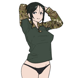 1girls breasts chouno_ami color colored female girls_und_panzer military military_uniform nipple_bulge nipples nipples_visible_through_clothing no_bra onsen_tamago_(hs_egg) panties simple_background solo solo_female solo_focus