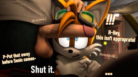 2boys 3d 3d_(artwork) aiden_(uncle_aiden) aidenz anthro ass before_sex big_ass big_butt big_penis black_nose blue_eyes bubble_ass bubble_butt cock_on_face cock_shock dialogue femboy feminine_male feminine_tails fox fur furry garage gay goggles goggles_on_forehead goggles_on_head human human_on_anthro large_penis larger_human looking_at_penis male male/male male_only mobian_(species) nude penis sega sfm smaller_anthro sonic_(series) sonic_the_hedgehog_(series) source_filmmaker tails tails_the_fox text uncle_aiden yellow_fur