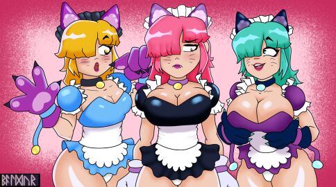 2024 3girls big_breasts blonde_hair brawl_stars breasts cat_girl catgirl colette_(brawl_stars) female female_only green_hair huge_breasts lipstick long_hair maid multiple_females multiple_girls pink_hair pinku_pawlette supercell tagme thick_thighs white_panties wide_hips yellow_hair