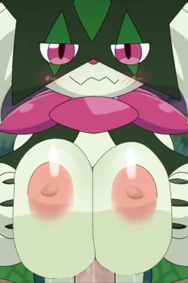 1boy 1girls animated big_breasts breasts cum female furry furry_female furry_with_non-furry human_male human_on_anthro meowscarada paizuri pokemon pokemon_(species) pokephilia sateco tagme video