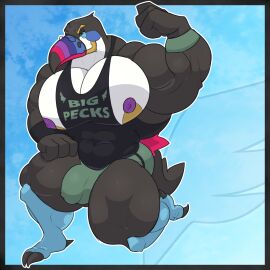 1:1 abs anthro athletic athletic_wear avian beak beard biceps big_muscles bird black_body black_feathers bottomwear bulge clothed clothing detailed_bulge digital_media_(artwork) english_text eyewear facial_hair feathers feet flexing flexing_bicep generation_7_pokemon genital_outline glasses gym_bottomwear gym_shorts hi_res huge_muscles hyper hyper_muscles kneeling male muscles muscular muscular_anthro muscular_male nintendo nipples pecs penis penis_outline plantigrade pokemon pokemon_(species) seaserpenttailor shiny_pokemon shirt shorts simple_background smile solo sportswear tail tail_feathers text text_on_clothing text_on_shirt text_on_topwear thick_thighs toes topwear toucannon