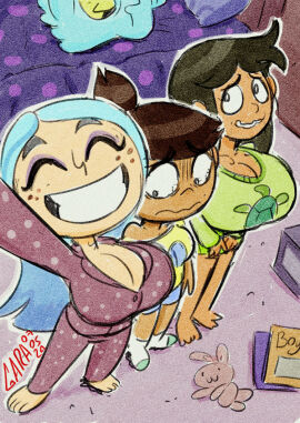 3girls andrea_davenport arm_up artist_name barefoot bedroom big_breasts big_head blue_hair breast_awe breast_envy breast_size_comparison breast_size_difference breasts brown_hair busty cleavage closed_eyes closed_eyes_smile comparing dark-skinned_female dark_skin disney disney_channel envious envy eyeshadow female female_only freckles full_body garabatoz ghost grin group_shot happy happy_female high-angle_view huge_breasts indoors jewish libby_stein-torres light-skinned_female light_blue_hair light_skin long_hair looking_at_another looking_at_breasts looking_at_viewer makeup molly_mcgee nervous nervous_smile outstretched_arm pajamas pants polka_dot scratch_(the_ghost_and_molly_mcgee) self_shot short_ponytail shy sleepover small_but_busty smile smiling socks standing tan-skinned_female tan_skin tearing_up tears_in_eyes teeth teeth_showing the_ghost_and_molly_mcgee timid top_heavy wavy_mouth