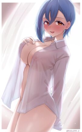 arm_behind_back bare_belly bare_legs bare_thighs belly_button blue_hair blush breasts cleavage collarbone convenient_censoring dress_shirt earrings female huge_breasts indoors long_sleeves love_live! love_live!_superstar!! medium_hair naked_shirt nipples_visible_through_clothing no_bra orange_eyes parted_lips rikka006 ring see-through_shirt shirt shirt_only smile standing thick_thighs thighs wakana_shiki white_shirt