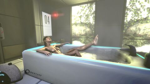 1girls 3d bath bathing bathtub chell closed_eyes female female_only juxtasuperposition naked naked_female no_artist_signature portal_(series) portal_2 relaxing sfm solo_female source_filmmaker voyeur voyeurism