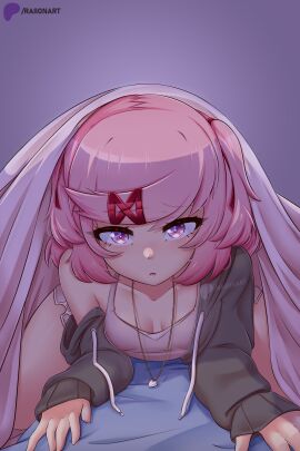 18yo 1girls adult bed breasts canon_adult cute doki_doki_literature_club female flat_chest flat_chested heart-shaped_pupils highres hoodie laying_on_stomach looking_at_viewer natsuki_(doki_doki_literature_club) petite pink_hair pov raionart small_breasts thick_thighs under_blanket wholesome young