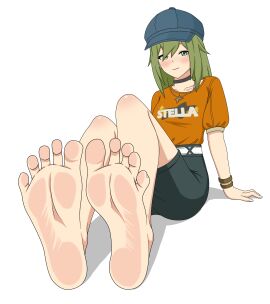 1girls absurd_res blue_eyes blue_hat blush choker clothed clothing feet feet_focus feet_up female female_focus female_only foot_fetish green_hair hat highres light-skinned_female light_skin npc_(zenless_zone_zero) saorika32 simple_background soles venus_(zenless_zone_zero) zenless_zone_zero