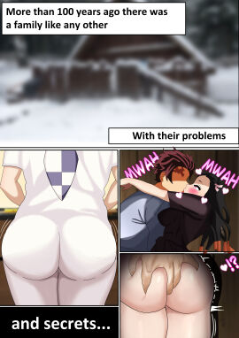 1boy 2girls ass ass_grab big_ass brother_and_sister demon_slayer female incest kamado_kie kamado_nezuko kamado_tanjirou kimetsu_no_yaiba kissing male tagme thighs xvanana100