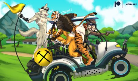 anal anal_sex angry anthro ass balls big_ass big_butt blush bodily_fluids canid canine canis car clothed clothing cum cum_inside detailed_background digital_media_(artwork) english_text epic_games erection felid fennix_(fortnite) fortnite fox fur genital_fluids genitals group group_sex gun hair haplorhine headgear holding_gun holding_object holding_ranged_weapon holding_weapon huge_ass huge_butt humanoid_genitalia humanoid_penis inside_car kareca male male/male male_penetrated male_penetrating male_penetrating_male mammal monkare_(kareca) monkey muscular muscular_anthro muscular_male nude onomatopoeia open_mouth oral orange_body orange_fur oscar_(fortnite) outside pantherine pecs penetration penile penis plant primate ranged_weapon red_fox sex smile sound_effects stripes tail teeth text thick_thighs threesome tiger tongue topwear trio true_fox vehicle weapon wendell_(fortnite) white_body white_fur wolf