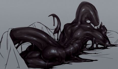 2022 ambiguous_gender balls bed bedding black_balls black_body blanket digital_media_(artwork) eyeless full_body_suit furniture genitals grey_background latex latex_creature liquid_latex living_latex lying mouthless on_bed on_front pillow scalie simple_background tail zlvuxx