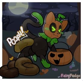 anus artist_name ass backsack balls ballsack big_butt black_sclera blush blush_lines blush_stickers border breath candy chewing closed_eyes dessert digital_media_(artwork) domestic_cat elemental_creature embarrassed erection excessive_feces fairyfudge feces feces_pile felid feline felis feral flora_fauna food for_a_head fruit genitals glowing glowing_eyes green_blush green_eyes heart_symbol hyper_feces hyper_scat looking_back male male_pooping mammal moon night object_head paw_pose paws penis plant pooping_on_grass pose pumkat pumpkin pumpkin_head quadruped rear_view scat scatplay solo sound_effects text white_border