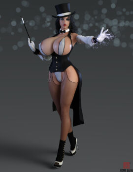 1girls 3d 3d_(artwork) 3d_model 3d_render aesmadaeva37 artist_logo artist_name barely_contained barely_contained_breasts bimbo bimbo_body black_hair bowtie bowtie_collar breasts dc dc_comics female female_only fishnet fishnet_legwear fishnet_stockings fishnets gloves hat headwear heel_boots heels hips hourglass_figure huge_breasts large_breasts lipstick magic magic_user magic_wand magician magician_hat makeup nipple_bulge nipple_slip nipples nipples_visible_through_clothing pinup red_lipstick simple_background solo solo_female stockings thick_thighs thigh_cutout thighs wide_hips zatanna zatanna_zatara