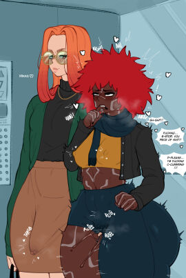 1boy 1femboy 1girls athletic athletic_male biting_finger black_female body_markings bulge crossdressing curvy curvy_female elevator erection erection_under_clothes female femboy femboy_on_female fingering genital_fluids ginger ginger_hair glasses hand_in_pants hand_on_hip jacket long_hair male masturbating_other masturbating_while_watching masturbation masturbation_through_clothing messy_hair nipples_visible_through_clothing nizhoni_(pokko) pants pink_hair pokko_(artist) precum pussy red_hair reyne_(pokko) rubbing_pussy skirt stealth_fingering voluptuous wide_hips