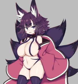 barely_clothed big_breasts breasts disgaea disgaea_5 female fox_ears fox_girl fox_tail huge_breasts izuna_(disgaea) kimono kimono_open large_breasts nine-tails_(disgaea) nippon_ichi_software sawati short_stack shortstack skimpy_clothes thick_thighs thighhighs thighs