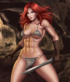 1girls abs arm_up armor armpit artist_logo athletic athletic_female big_breasts bikini_armor breasts brown_gloves busty cave cave_background chainmail_bikini cleavage deviantart_username female female_only flowerxl front_view green_eyes large_breasts loincloth long_hair looking_at_viewer marvel marvel_comics pink_lipstick red_hair red_sonja red_sonja_(comics) revealing_clothes solo sword thick_body thick_thighs toned toned_female