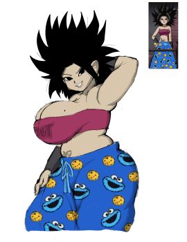 black_hair blue_pants breasts caulifla chubby_female cookie_monster cookie_monster_pajama_pants dragon_ball dragon_ball_super female ferretidk fisherneph huge_breasts ivovvovi pajamas solo tagme tattoo thick voluptuous weirdduelist