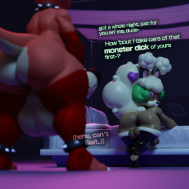 1:1 2022 3d absurd_res anthro ass bed bunny_costume charles_charmeleon_(oc) charlescharmele charmeleon clothing collar costume dialogue digital_drawing_(artwork) digital_media_(artwork) duo english_text furniture generation_1_pokemon generation_5_pokemon hi_res leggings legwear male male/male milkyeightysix nintendo pokemon pokemon_(species) smoothie_(milkyeightysix) spiked_collar spikes text whimsicott