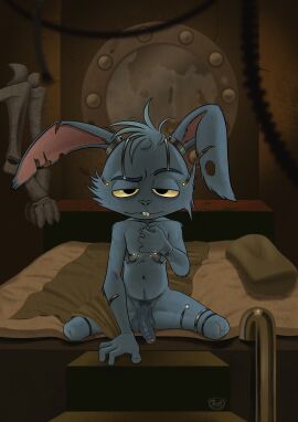 4_fingers absurd_res amputee anthro bed bed_sheet bedding bedroom blackjack_o'hare blue_body blue_fur cybernetics digital_media_(artwork) disability erection fingers foreskin fur furniture genitals guardians_of_the_galaxy hair hi_res humanoid_genitalia humanoid_penis inside lagomorph leporid looking_at_viewer machine male male_only mammal marvel marvel_comics missing_all_legs missing_leg navel nude on_bed partially_retracted_foreskin penis pillow prosthetic prosthetic_leg prosthetic_limb pubes pubic_hair rabbit retracted_foreskin sitting solo spread_legs spreading tush tush_(artist) uncircumcised vein veiny_penis