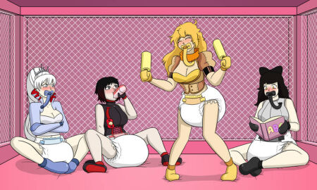 34qucker 4girls baby_bottle baby_rattle black_hair blake_belladonna blonde_hair blush book booty brainwashed brainwashing breasts dancing diaper diaper_fetish diapered female mittens no_skirt pacifier pouting rattle ruby_rose rwby sisters sitting tagme team_rwby weiss_schnee what white_hair yang_xiao_long