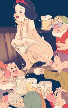 1girls 2d 6+boys 7boys age_difference barefoot bashful_(snow_white) beard black_hair blue_eyes brown_eyes closed_eyes cup disney disney_princess doc_(snow_white) dopey_(snow_white) drinking_pee dwarf feet female full_color glass glasses grumpy_(snow_white) happy happy_(snow_white) hat holding_glass holding_object human lipstick malachi male multiple_boys multiple_males no_penetration nude nude_female nude_female_clothed_male on_table panties panties_around_leg pee pee_in_glass peeing peeing_into_container pussy red_hair_ribbon red_lipstick red_nose red_ribbon ribbon shaved_pussy size_difference sleepy_(snow_white) smaller_male smiling sneezy_(snow_white) snow_white_(disney) snow_white_and_the_seven_dwarfs_(1937_film) source_request squatting squatting_female toes uncensored white_beard white_panties