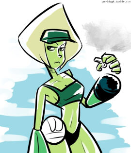 1girls 2015 blonde_hair cartoon_network cleavage digital_media_(artwork) female gem_(species) green_skin limb_enhancers muscular muscular_thighs peridot_(steven_universe) peridugh solo sports_bra sportswear steven_universe visor_cap volleyball volleyball_uniform whistle