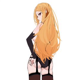 breasts elbow_gloves female garter_straps long_hair looking_back orange_hair priscilla_barielle re:zero_kara_hajimeru_isekai_seikatsu secondhand9280 tagme thighhighs topless_female underwear