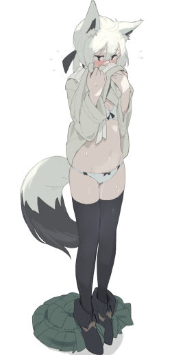 ahoge animal_ears black_eyes black_footwear black_ribbon black_thighhighs blush boots bra breasts female fox_ears fox_girl fox_tail full_body green_skirt hair_ribbon highres hololive hololive_gamers hololive_gen_1 hololive_japan kujira_pasta long_hair medium_breasts navel official_alternate_costume panties ribbon shirakami_fubuki shirakami_fubuki_(street) simple_background skirt solo standing sweat tail thighhighs underwear unworn_skirt virtual_youtuber white_background white_bra white_hair white_panties