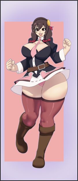 1girls belt big_breasts bimbo boots breasts brown_eyes brown_hair cleavage curvaceous curvy curvy_female curvy_figure female female_only footwear full_body hair hair_ornament hair_ribbon hips huge_breasts kono_subarashii_sekai_ni_shukufuku_wo! large_breasts legs legwear lips looking_at_viewer n-ronin necktie neckwear panties pink_panties plump_lips ribbon ribbons short_skirt skirt smile smiling solo solo_female thick_lips thick_thighs thighhighs thighs upskirt voluptuous voluptuous_female yunyun_(konosuba)