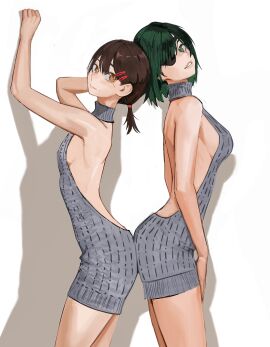 2girls ass ass_to_ass breasts chainsaw_man female female_only higashiyama_kobeni himeno_(chainsaw_man) sideboob sweater sweater_dress sweater_only tefiblum thick_thighs