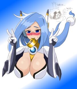 1girls aphrodite_(the_battle_cats) arms_up biting_object blue_eyes blue_hair blush bodysuit breasts character_in_background cleavage clothed collar color coppermine_(battle_cats) crown crying crying_with_eyes_open digital_media_(artwork) doll double_peace_sign earpiece extremely_long_hair female galaxy_gals hair_ornament headphones huge_breasts large_breasts light_skin long_nipples nyanko_daisensou plugsuit portrait_format reaching_for_object shiny_hair shiny_skin smiling_at_viewer snot_trail sweat teenager the_battle_cats tight_clothing white_pupils