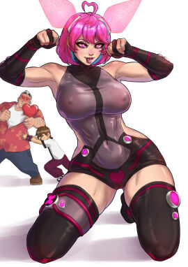 1girls ben_10 ben_tennyson breasts bunny_ears chaquetrix exmixtron female katie_(trixthealien) large_breasts light-skinned_female light_skin male max_tennyson nipples_visible_through_clothing original original_character pale-skinned_female pale_skin pink_hair short_hair