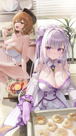 2girls absurdres anis_(nikke) bare_shoulders breasts brown_eyes brown_hair choyeon cleavage dress emilia_(re:zero) female food fruit gloves goddess_of_victory:_nikke hair_ornament hat highres holding holding_tray indoors large_breasts long_hair looking_at_viewer multiple_females multiple_girls purple_eyes re:zero_kara_hajimeru_isekai_seikatsu short_hair shorts smile tray white_dress white_hair