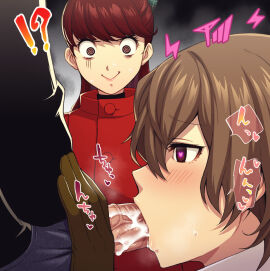 !? 2boys :> @_@ black_shirt blush brown_hair commentary_request cum erection eyelashes fellatio female from_side gloves glowing_pupils goro_akechi hair_between_eyes heart heart-shaped_pupils highres hypnosis kasumi_yoshizawa large_penis male mind_control multiple_boys multiple_males oral penis persona persona_5 profile red_eyes red_hair ren_amamiya shirt short_hair sound_effects speech_bubble spoken_heart steam sumire_yoshizawa symbol-shaped_pupils teba_motoko translation_request veins veiny_penis voyeurism wide-eyed yaoi