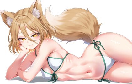 absurdres animal_ear_fluff animal_ears bikini breasts brown_hair covered_erect_nipples female fox_ears fox_girl fox_tail hair_between_eyes highres kudamaki_tsukasa leo23 looking_at_viewer medium_breasts navel ribs short_hair side-tie_bikini_bottom simple_background smile solo swimsuit tail touhou white_background white_bikini yellow_eyes