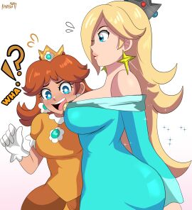 !? 2girls bare_shoulders big_breasts blonde_hair blue_eyes breast_awe breasts brown_hair busty crown earrings female hair_over_one_eye huge_breasts karbuitt light-skinned_female light_skin mario_(series) nintendo princess_daisy princess_rosalina staring_at_breasts text