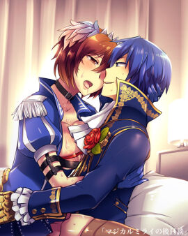 1boy bedroom belt_collar blue_crystal_(module) blue_eyes blue_gloves blue_hair blush breasts brown_hair caffein chest_belt cleavage collar commentary_request crown epaulettes female flower gloves grin hand_on_another's_back hand_on_another's_head implied_sex kaito_(vocaloid) large_breasts male meiko mini_crown open_mouth project_diva project_diva_(series) red_flower red_rose requiem_(module) rose short_hair sitting sitting_on_lap sitting_on_person smile straight sweat thighhighs translation_request vocaloid