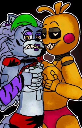 2girls annoyed_expression boobs_touching breasts female five_nights_at_freddy's five_nights_at_freddy's:_security_breach fnaf fnaf_2 funnypoem holding_breasts roxanne_wolf_(fnaf) seductive_smile self_upload toy_chica_(fnaf)